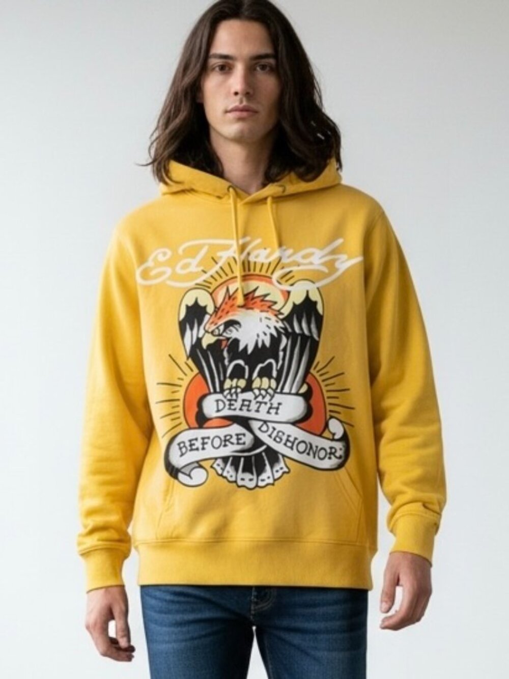 NEW Ed Hardy “Death before Dishonor” Hoodie Men’s LARGE Yellow Eagle Graphic